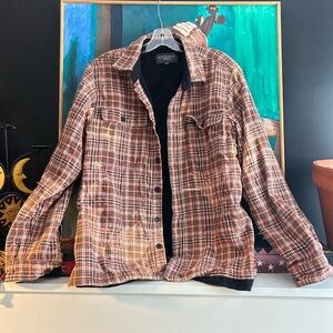 Streetwear Plaid Utility Shirt Jacket Fleece Lining Bleached Tie Dye L